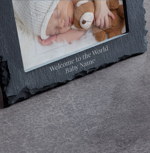 New Baby Personalised Slate Photo Frame Landscape Funky Pigeon