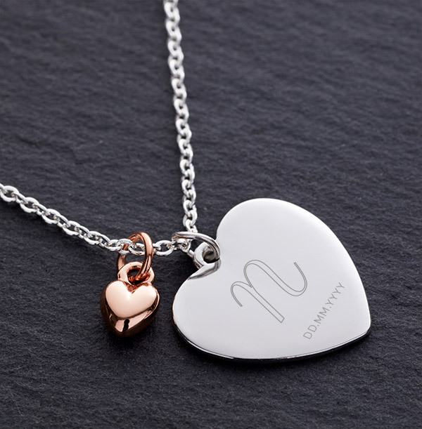 Initial & Date Love Heart Charm Necklace - Personalised