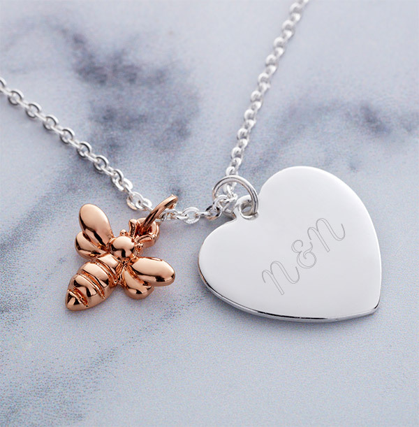Couples Initials Bee Charm Heart Necklace - Personalised