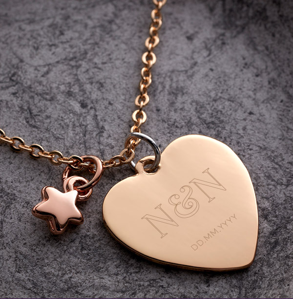 Two Initials & Date Star Charm Heart Necklace - Personalised