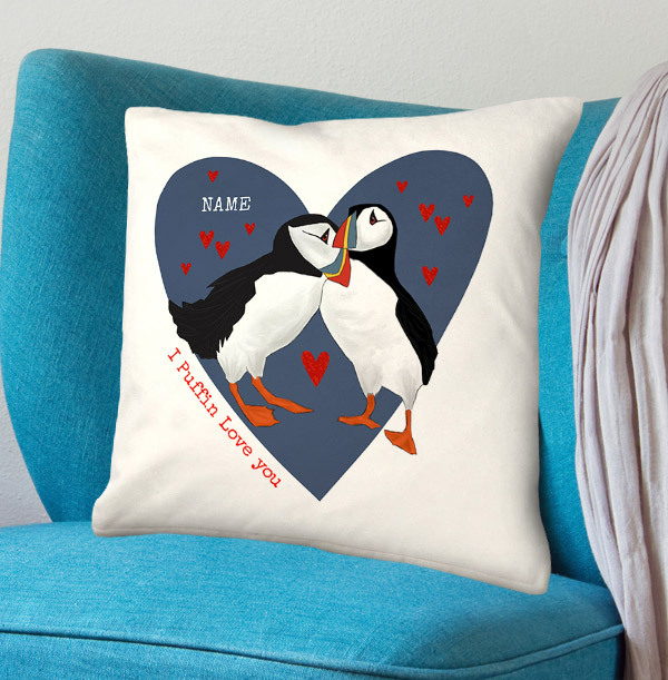Puffin Love You Valentines Personalised Cushion