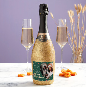 Merry Christmas Photo Upload Gold Glitter Prosecco