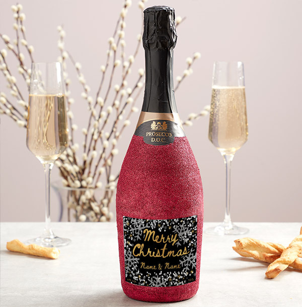 Merry Christmas Personalised Pink Glitter Prosecco