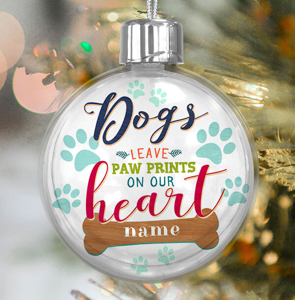 Dogs Paw Prints On Heart Personalised Bauble