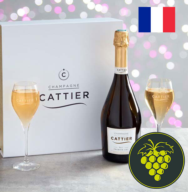 Cattier Premier Cru Brut Champagne and 2x Champagne Glasses