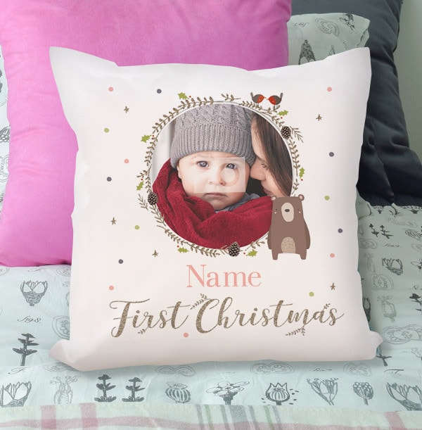Baby Girl First Christmas Photo Cushion