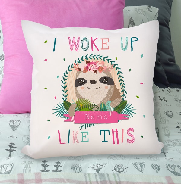 Personalised Sloth Cushion Woke Up Like This Funky Pigeon Free uk postage on a5 cards‪!‬ funkypigeon.com limited. personalised sloth cushion woke up like this