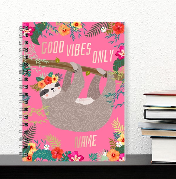 Pink Sloth Personalised Notebook, Good Vibes Only